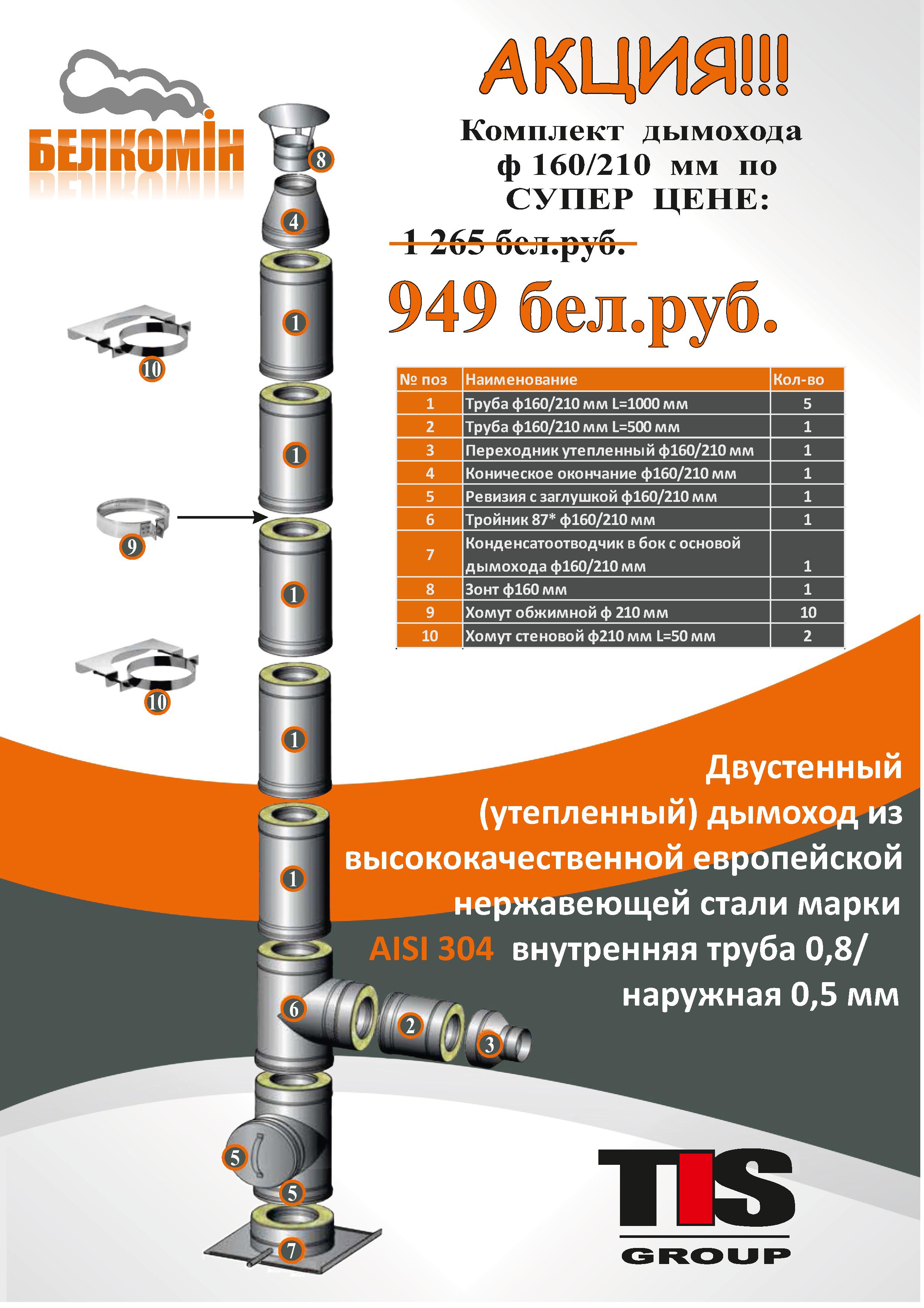 Комплект дымохода TIS ф160/210 AISI 304